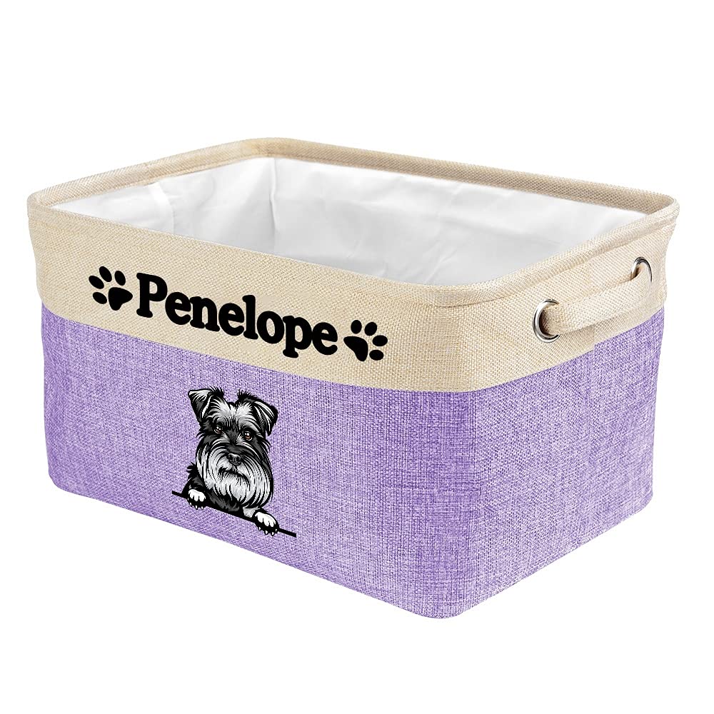 Personalized Foldable Storage Basket with Cute Schnauzer Dog Print - Collapsible Fabric Pet Toy Organizer Bin with Handles for Home, Closet & Shelf Organization - Purple and White - Perfect for Pet Supplies Storage & Kids Room Decor