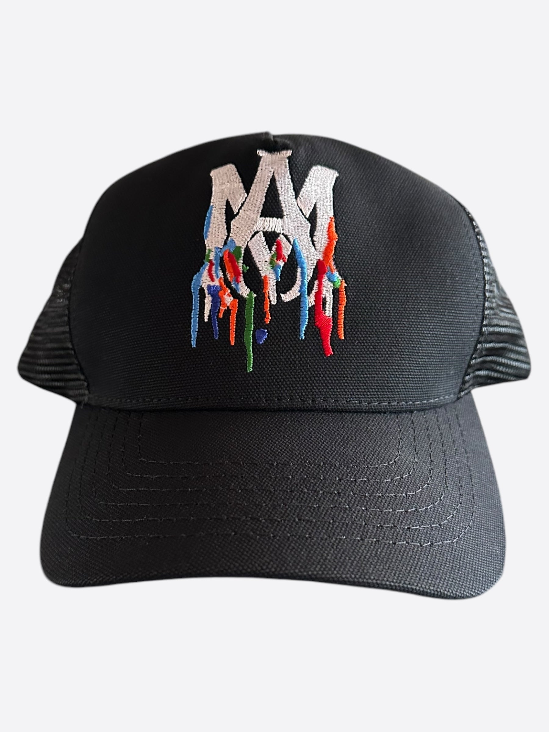 Amiri Black MA Paint Splatter Logo Trucker Hat - Stylish Distressed Baseball Cap for Men & Women - Perfect for Streetwear, Concerts, and Casual Outfits