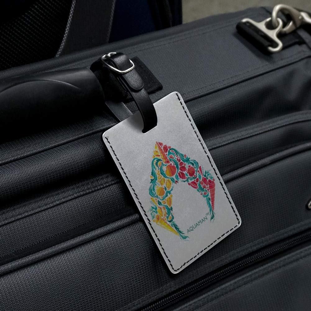 Aquaman Movie Inspired Leather Luggage Tag with Sea Shells Logo - Durable Rectangle ID Card Holder for Travel Bags, Suitcases & Backpacks - Perfect for Comic Con, Beach Vacations & Superhero Fans