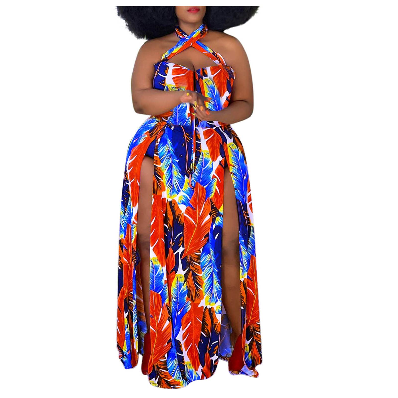 **Women's Plus Size Floral Print Halter Neck Maxi Dress with High Slit - Sexy Summer Party Dress for Beach, Vacation & Evening Events**