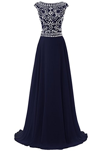 Elegant Navy Blue Long Chiffon Bridesmaid Dress with Cap Sleeves & Beaded Details - Size 10 | Perfect for Weddings, Proms & Formal Evening Events