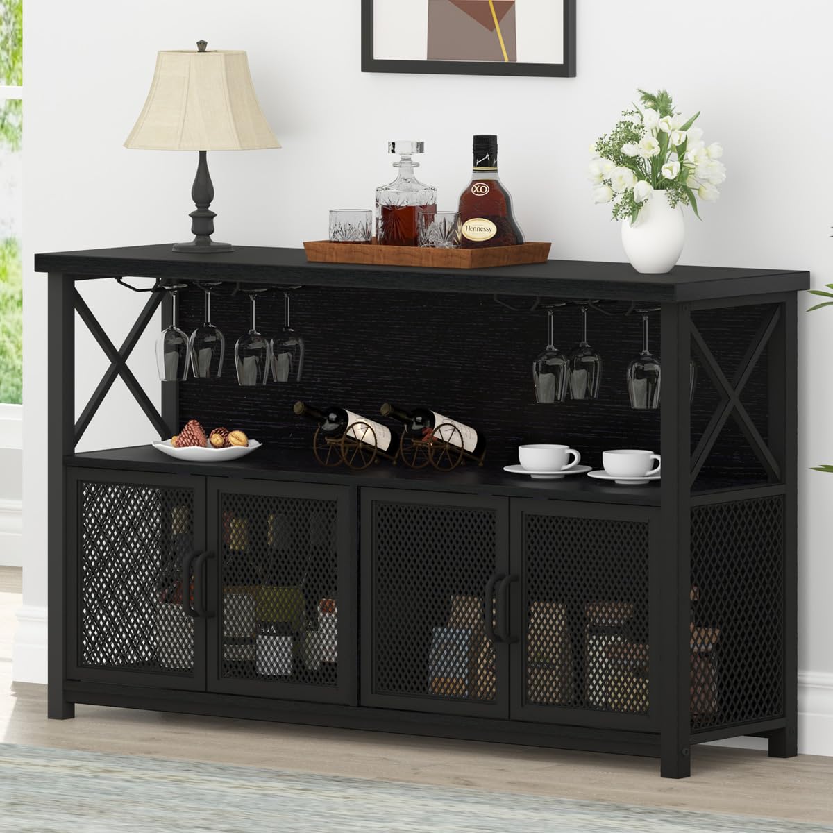 LVB Black Coffee Bar Cabinet - Modern Liquor Cabinet with Wine Rack Storage for Kitchen, Dining Room & Home Bar - Farmhouse Style Sideboard Buffet for Wine Glasses & Bottles Organization - Perfect for Entertaining Guests & Stylish Home Decor (47
