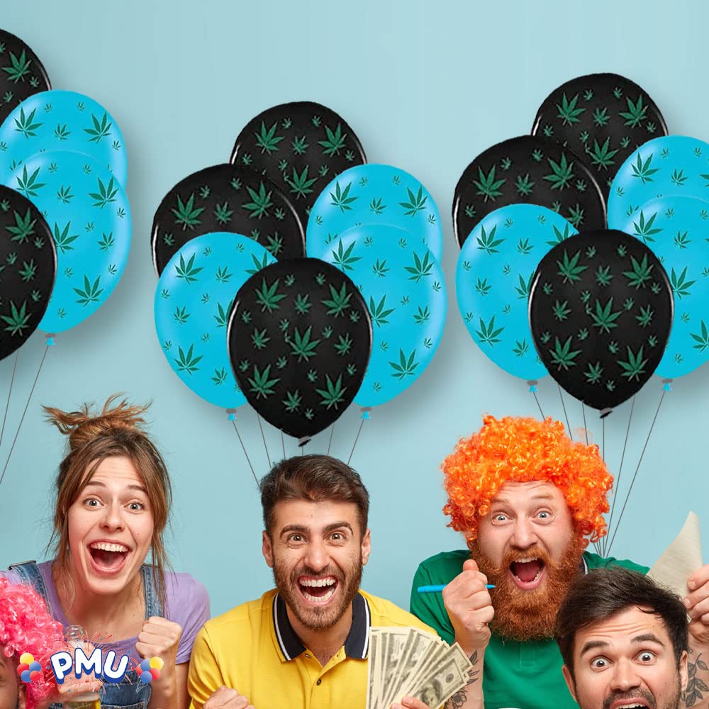 Premium 11in Black & Turquoise Marijuana Balloons with All-Over Green Leaf Print - Pack of 25 for Cannabis-Themed Parties, Bachelorette Events & 420 Celebrations