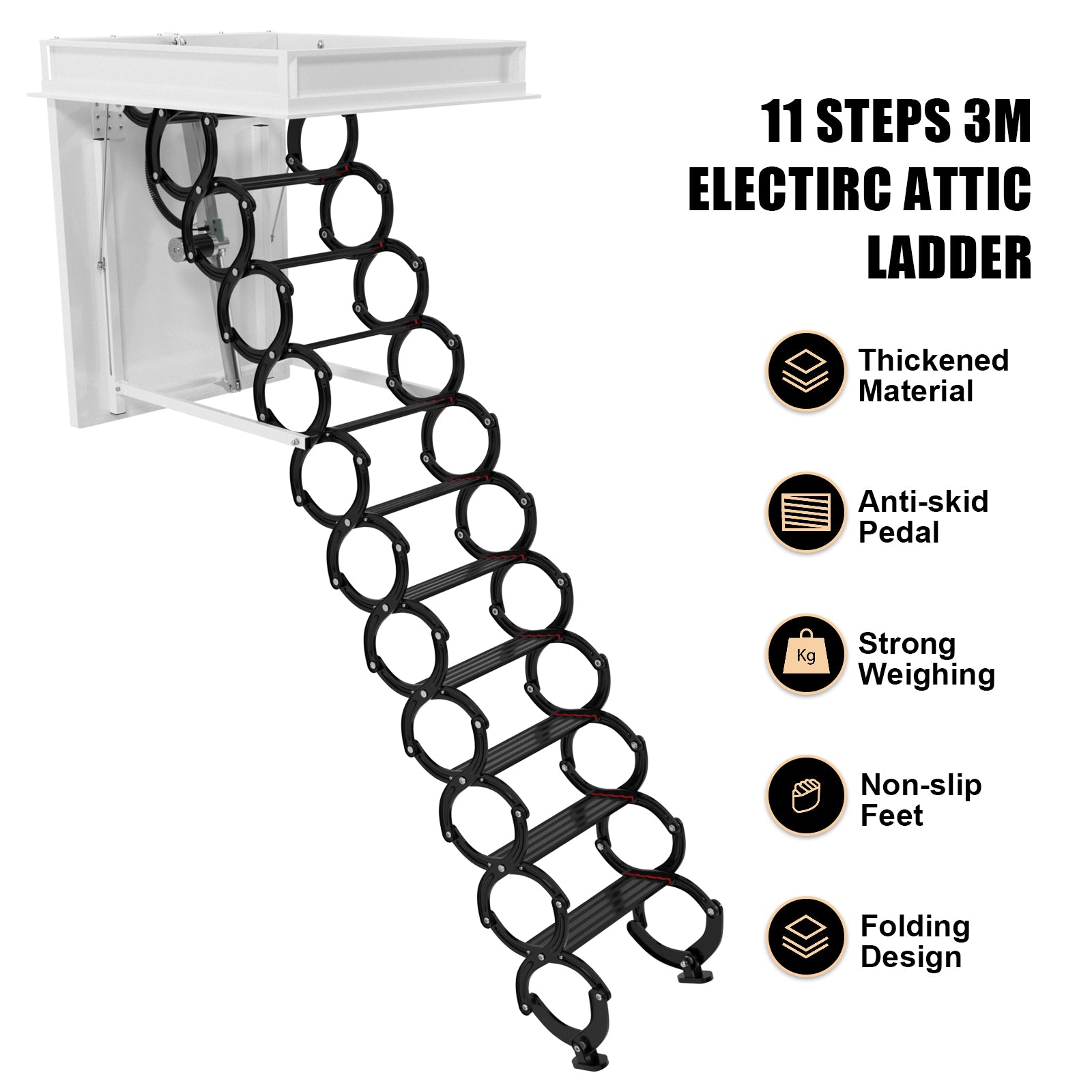 11 Steps 3m Electric Attic Ladder - Aluminum Folding Loft Ladder with Remote Control (31.5