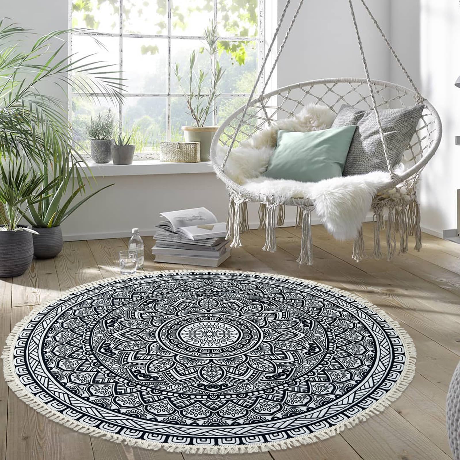 5Ft Round Boho Rug - Floral Farmhouse Carpet for Kids Bedroom & Living Room Decor