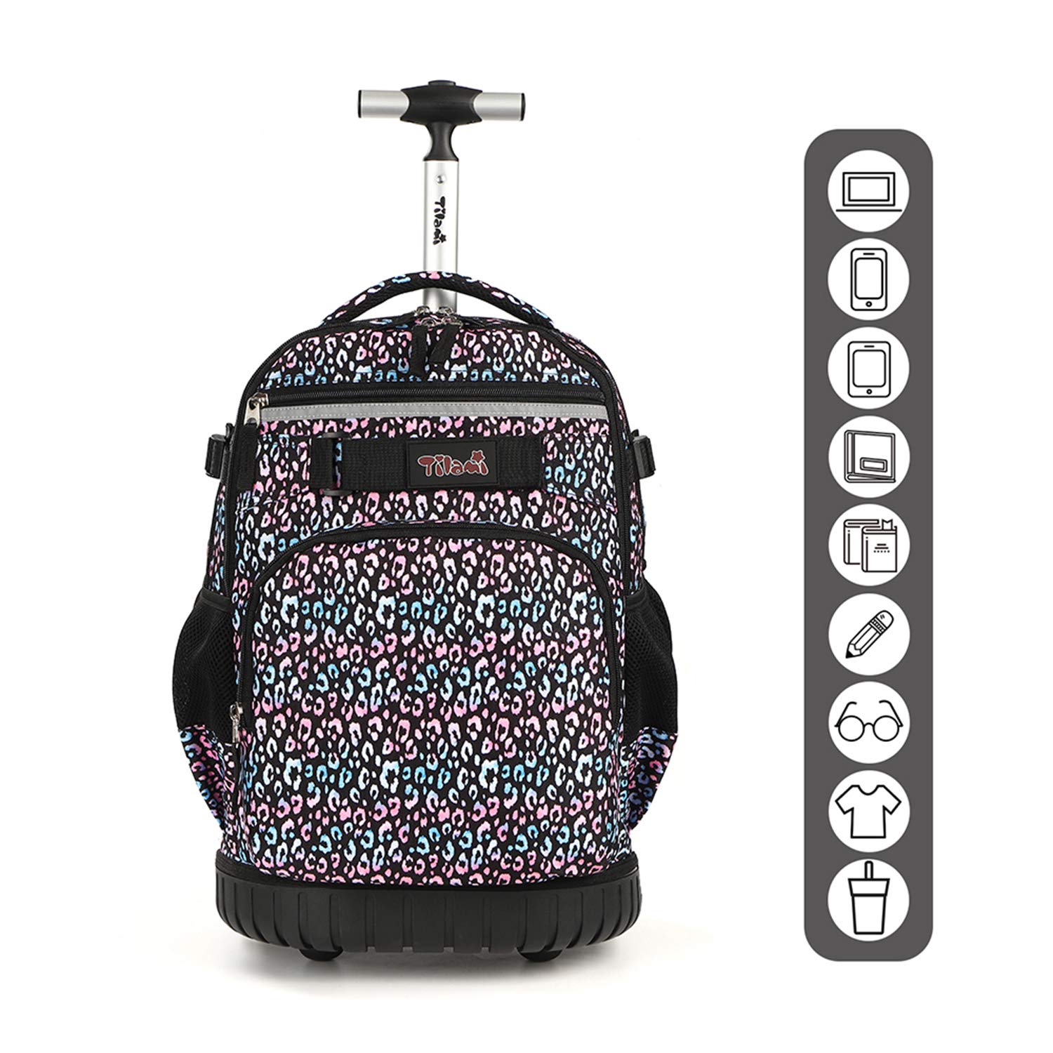 Tilami 19 Inch Rolling Backpack with Lunch Bag - Wheeled Laptop Backpack for School, Travel & Work - Durable Carry-On with Wheels (Colorful Leopard Print)