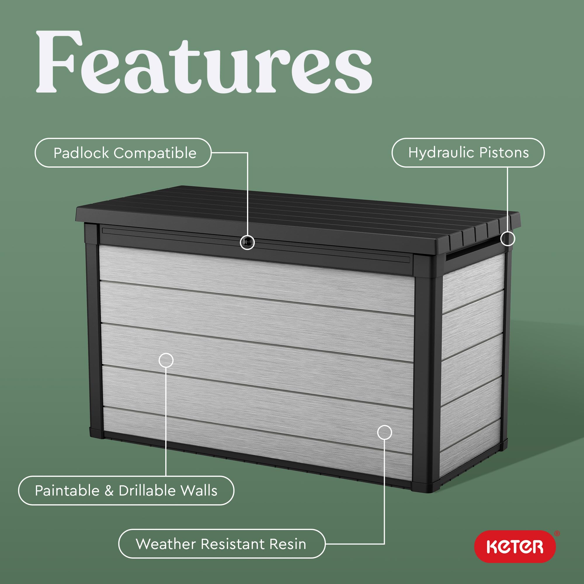 Keter Denali 200 Gallon Resin Deck Box with Double Wall 20mm Panels - Paintable & Drillable Outdoor Storage for Patio Furniture, Cushions, Pool Toys & Garden Tools - Grey & Black Weatherproof Organizer