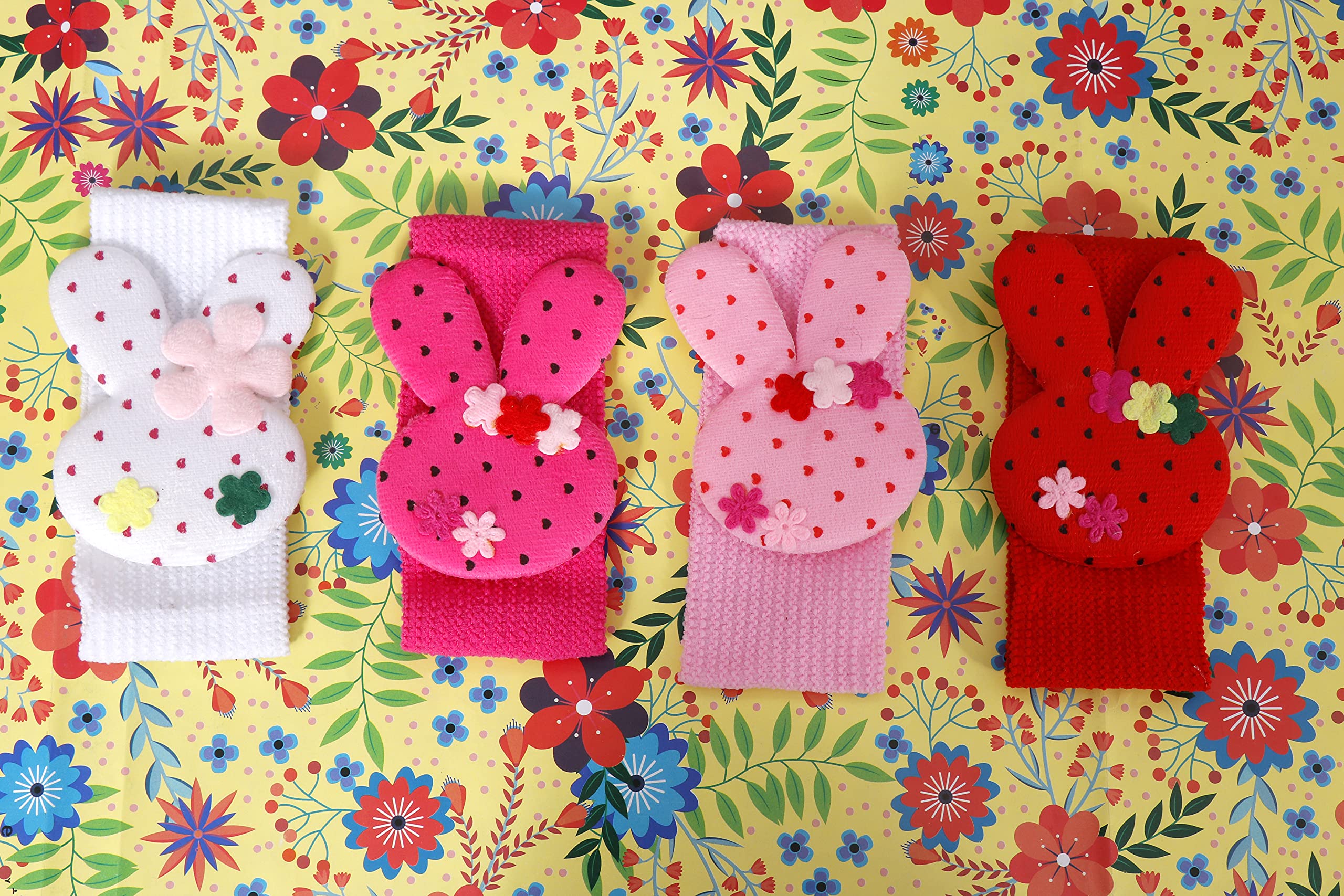 Navjai Rabbit Hair Bands for Girls - 4 Pcs Soft Stretchy Elastic Headbands with Heart & Flower Prints, Cute Bow Knot Hair Accessories Set for Infants & Kids - Perfect for School, Parties & Daily Wear