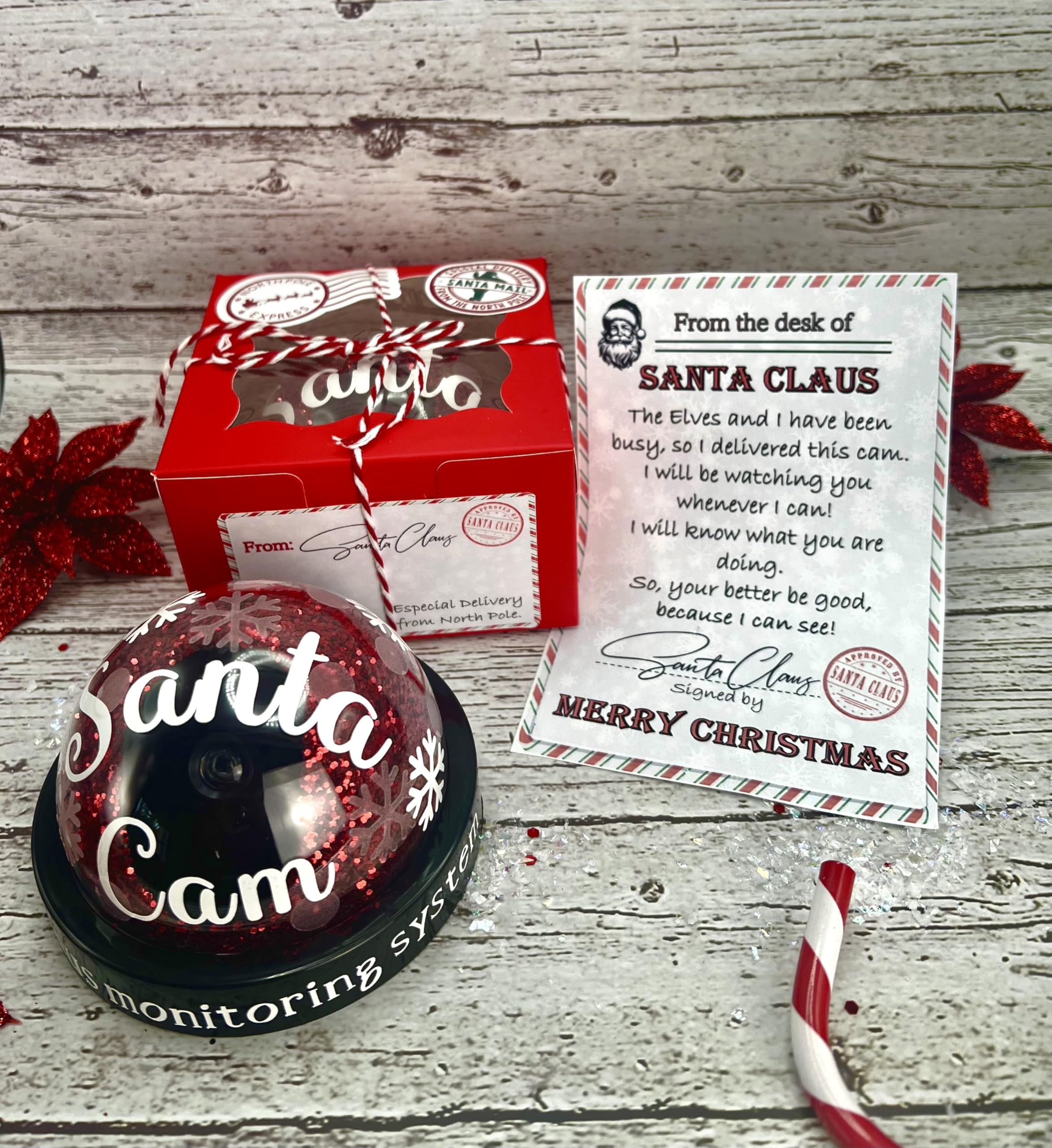 Santa Fake Security Camera with Red Flashing LED - Christmas Decorative Dummy Camera for Home & Office Surveillance (Holiday Theft Deterrent, Festive Home Security)