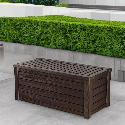 Keter 150 Gallon Outdoor Storage Deck Box with Seat - Wood Grain Brown Resin Patio Bin - Perfect for Backyard, Garden & Poolside Storage