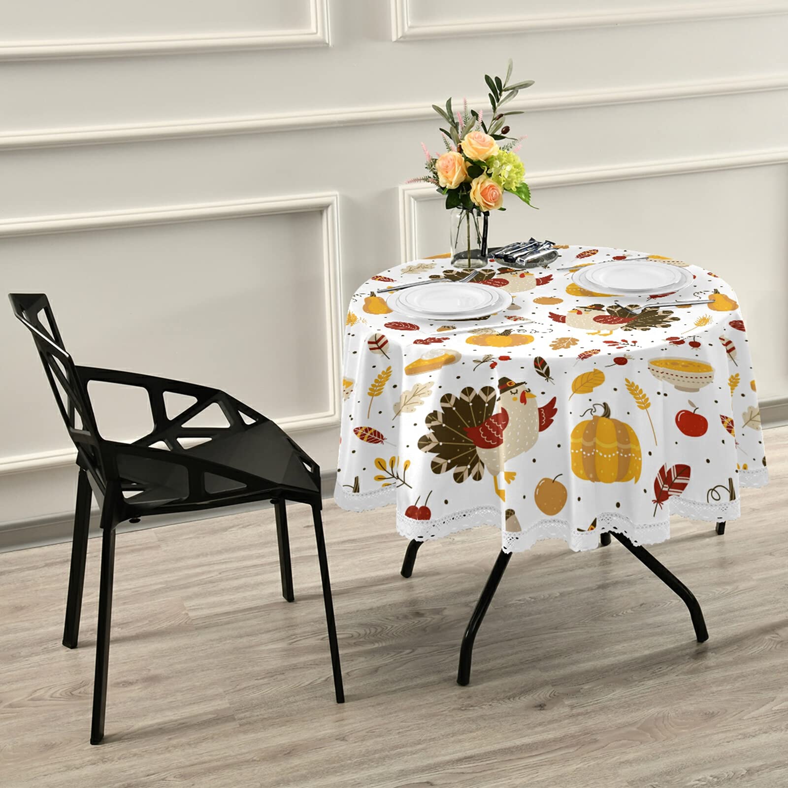 60 Inch Round White Lace Polyester Tablecloth with Pumpkin & Rooster Design - Perfect for Thanksgiving Dinner, Autumn Party Decor, and Holiday Table Setting