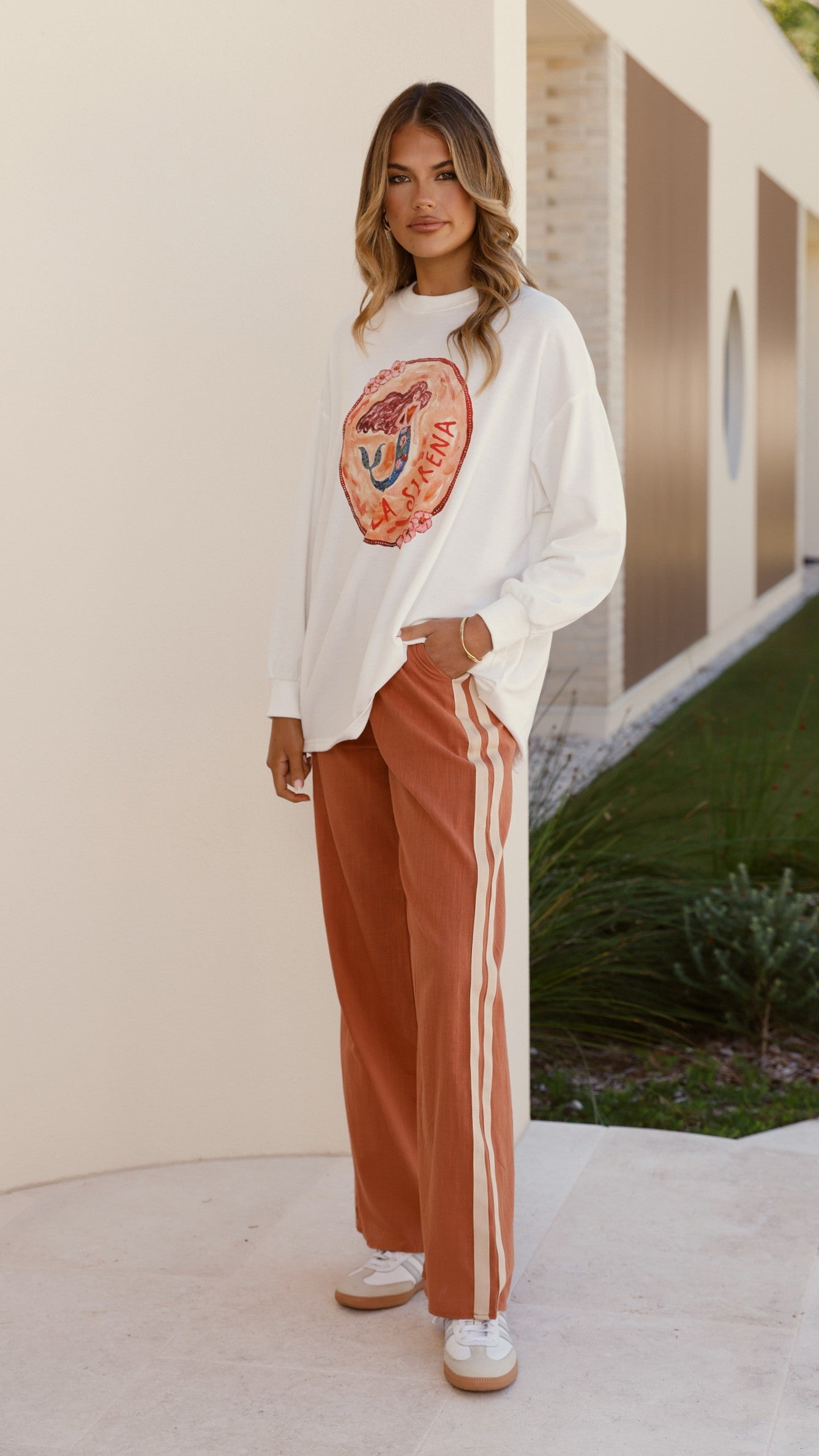 La Sirena Women's Long Sleeve Top and Pants Set - White & Rust - Casual Loungewear for Home, Yoga, and Relaxation
