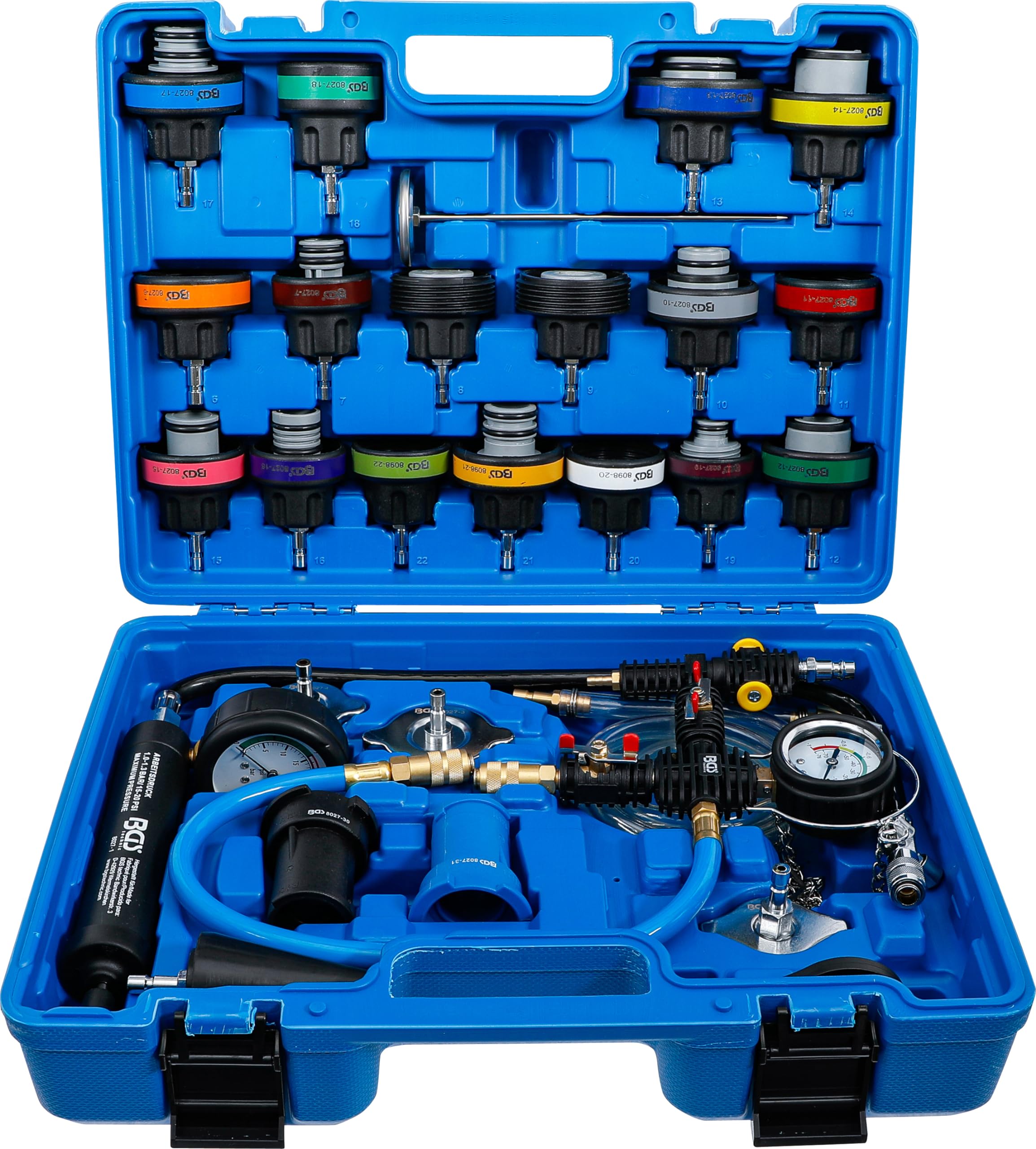 BGS 8098 Radiator Pressure and Cooling System Tester Kit with Refilling System - 28 Piece Automotive Diagnostic Tool Set for Car & Truck Maintenance, Leak Detection, and Cooling System Repair