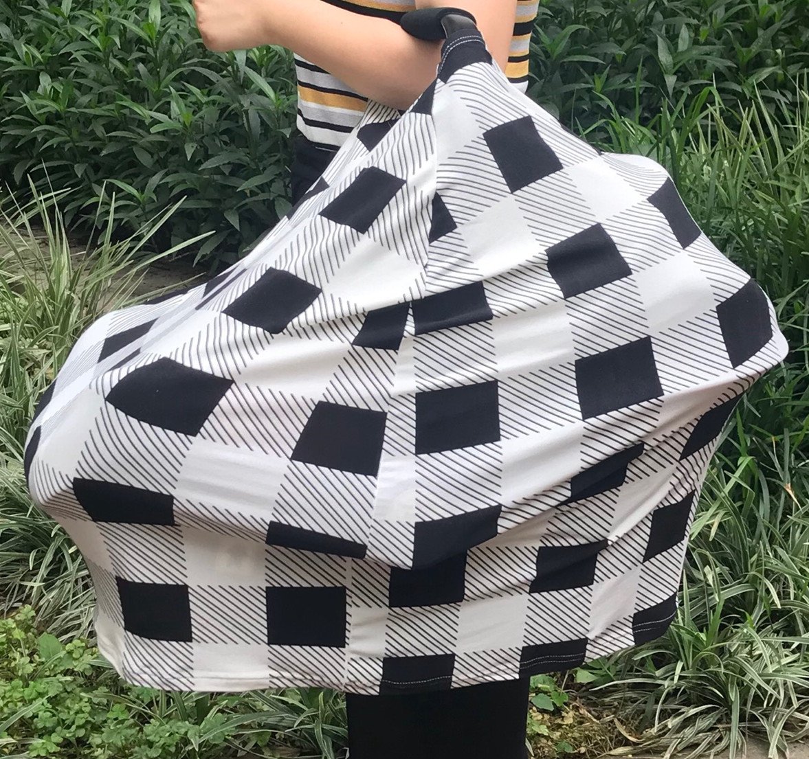 Nursing Cover Breastfeeding Scarf - Stretchy Baby Car Seat Cover & Infant Stroller Canopy for Boys & Girls (Black & White Squares) - Perfect for Nursing, Shopping & Outdoor Activities