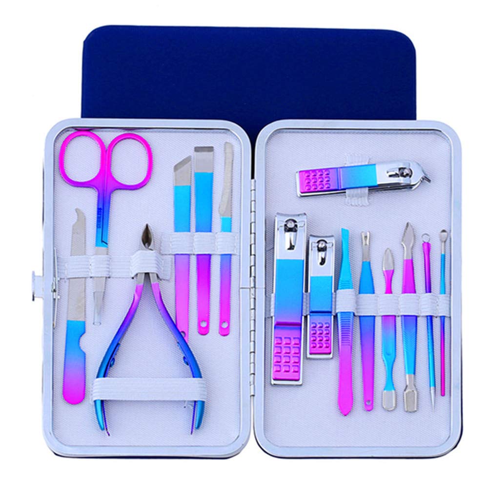 ZUOL 15-Piece Rainbow Manicure Set - Professional Stainless Steel Nail Clippers, Nail Files & Pedicure Tools in Blue Leather Case - Perfect for Home Salon, Travel & Professional Nail Care