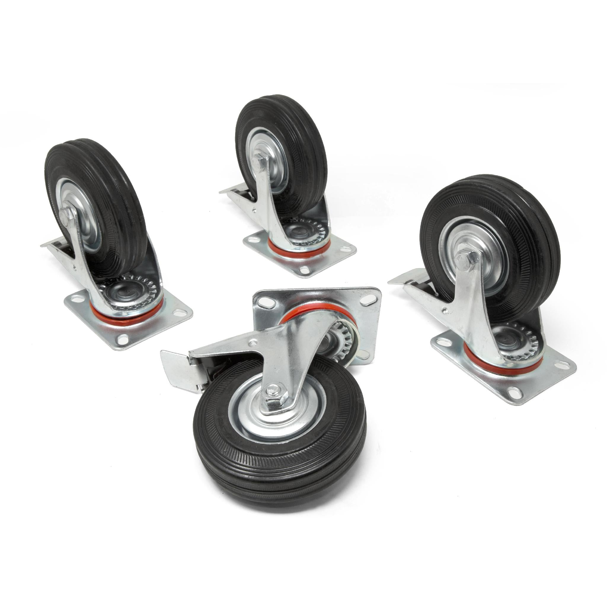 WEN CA5225B 5-Inch Heavy Duty Swivel Caster Wheels with Brake - 220 lb Capacity Roller Bearing Rubber Plate Casters (4-Pack) for Furniture, Carts, and Industrial Equipment