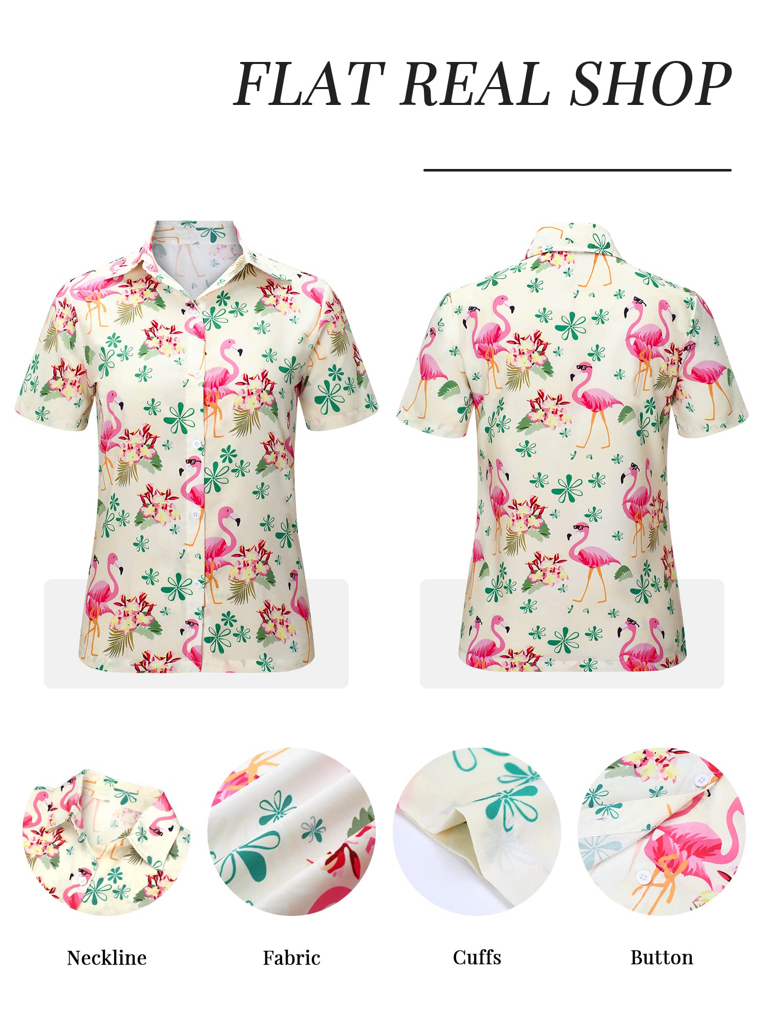 Blueleaf Hawaiian Shirt for Women - Short Sleeve Casual Button Down Shirt with Tropical Flamingo Print | Perfect for Summer Luau Parties, Beach Vacations & Tropical Getaways