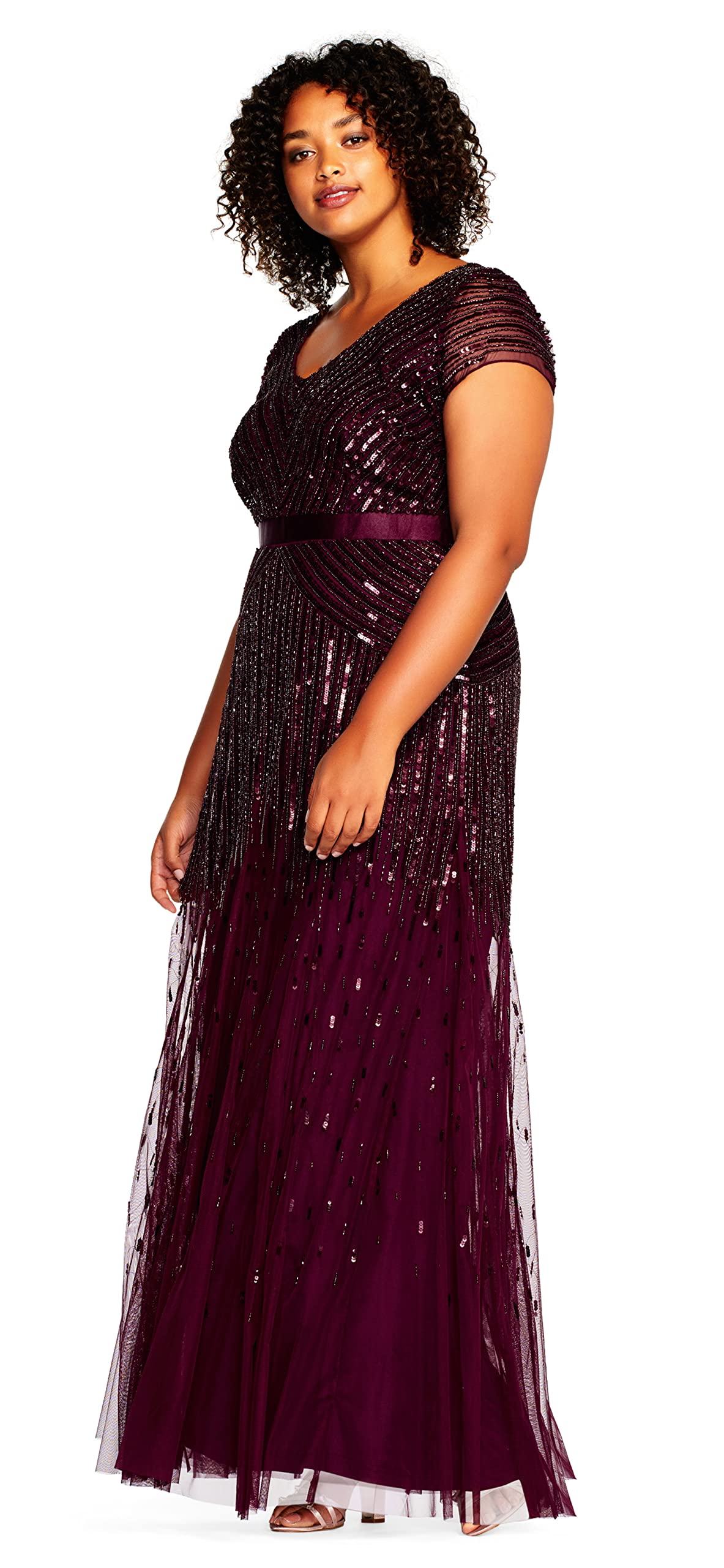 Adrianna Papell Women's Plus Size Beaded V-Neck Floor Length Evening Gown - Perfect for Weddings, Galas & Formal Events
