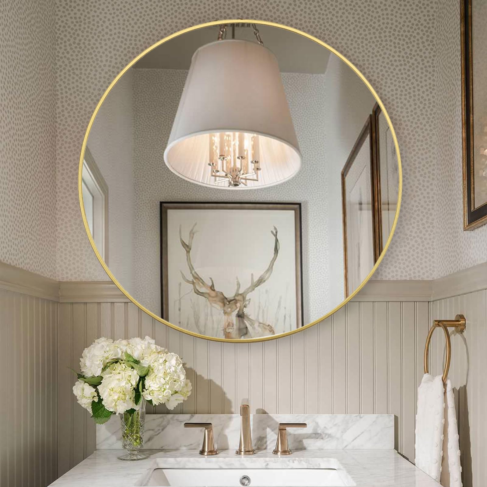 42 Inch Large Round Wall Mirror - HD Gold Circle Mirror for Home Decor, Modern Metal Frame Circular Vanity Mirror - Perfect for Bathroom, Entryway, Hallway & Over Sink - Easy to Install & Stylish Accent Piece