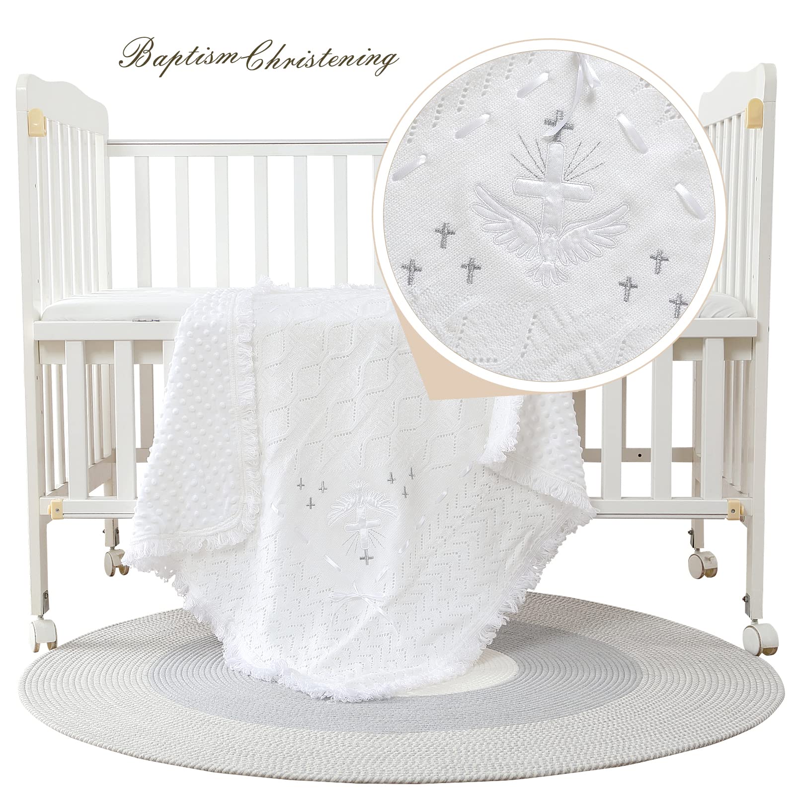 Booulfi Baby Christening Blanket - Soft White Knitted Baptism Shawl for Newborn Boys & Girls - Perfect for Christening Ceremonies, Baby Dedications & Photo Shoots