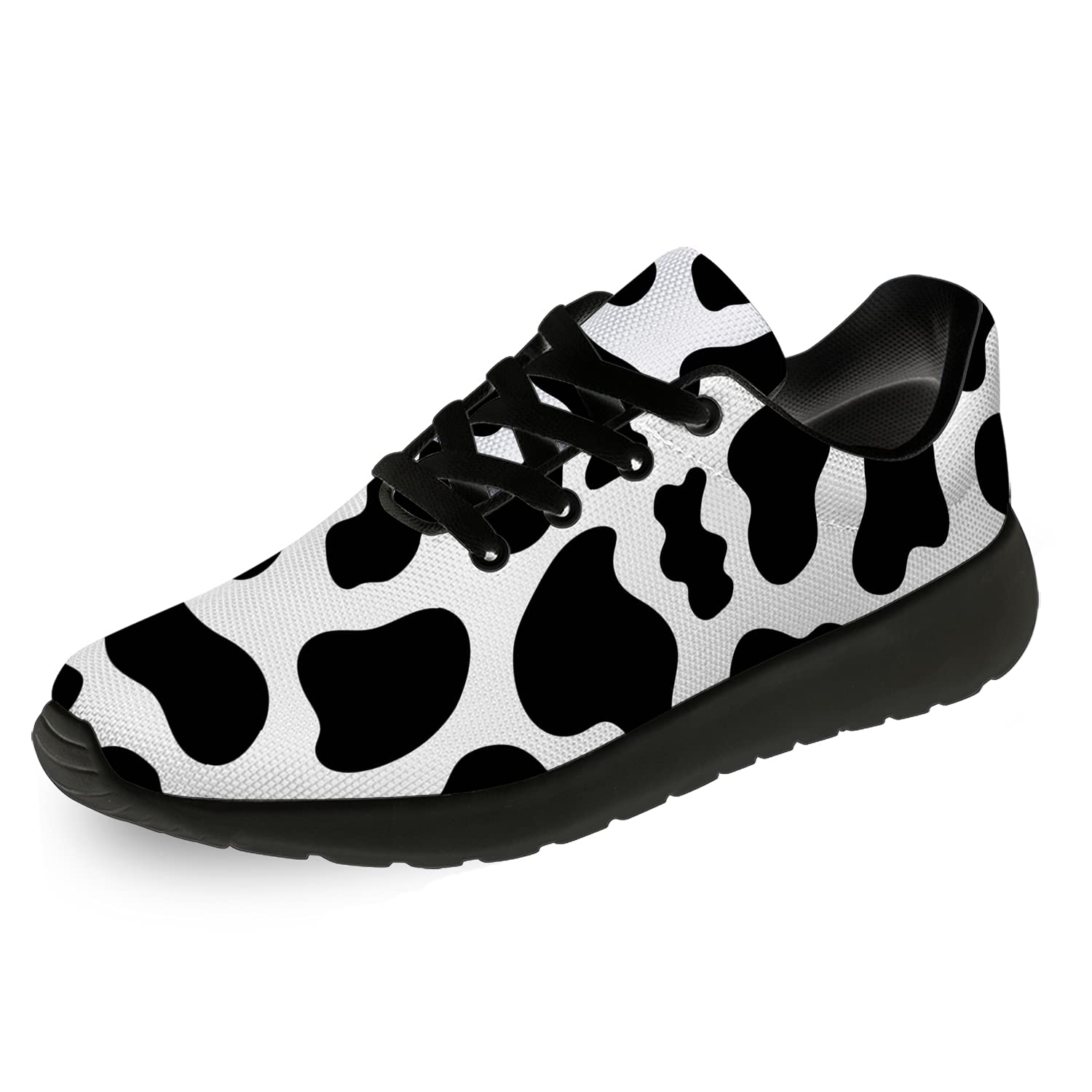 Cow Print Running Shoes for Men & Women - Breathable Walking Tennis Sneakers with Animal Skin Design - Black & White Cow Pattern - Size 9 Men/10.5 Women - Perfect for Gym, Jogging & Casual Wear