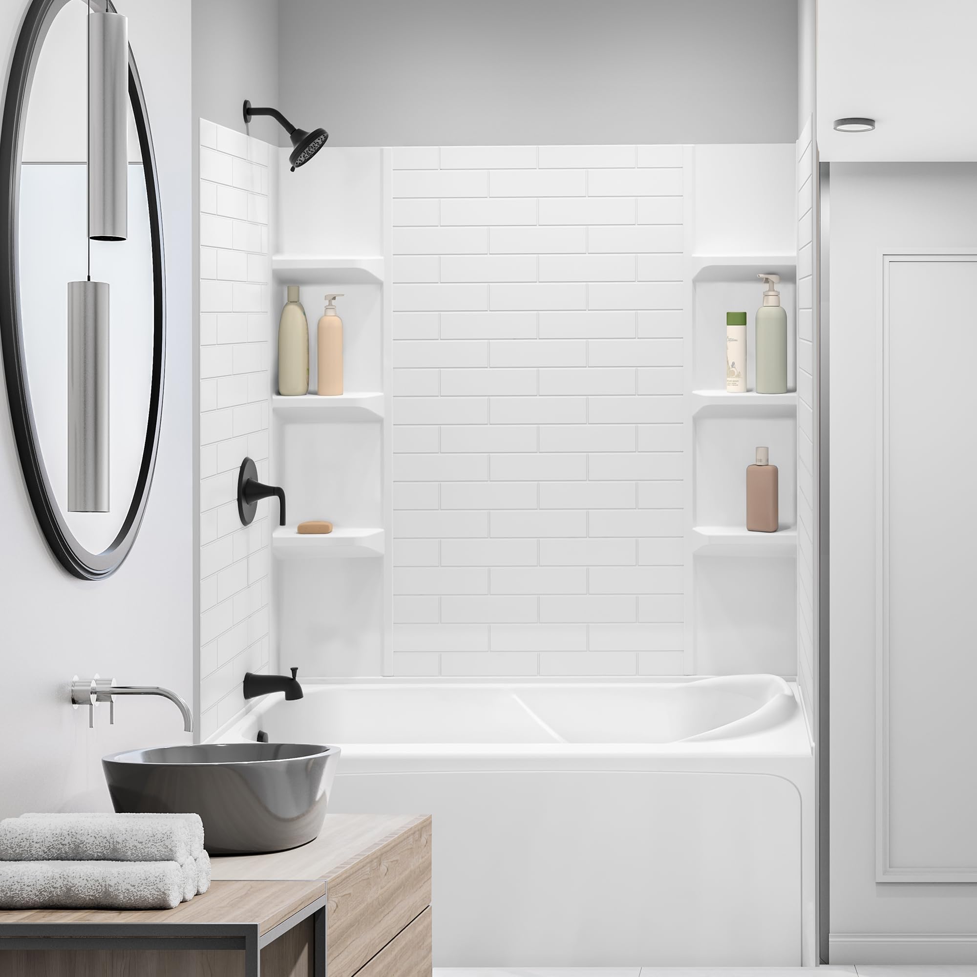 Waterproof Lightweight White Polystyrene Bathtub Wall Surround Panels with Subway Tiles Pattern - Easy-to-Install Kit Includes 2 Shelf Units (58