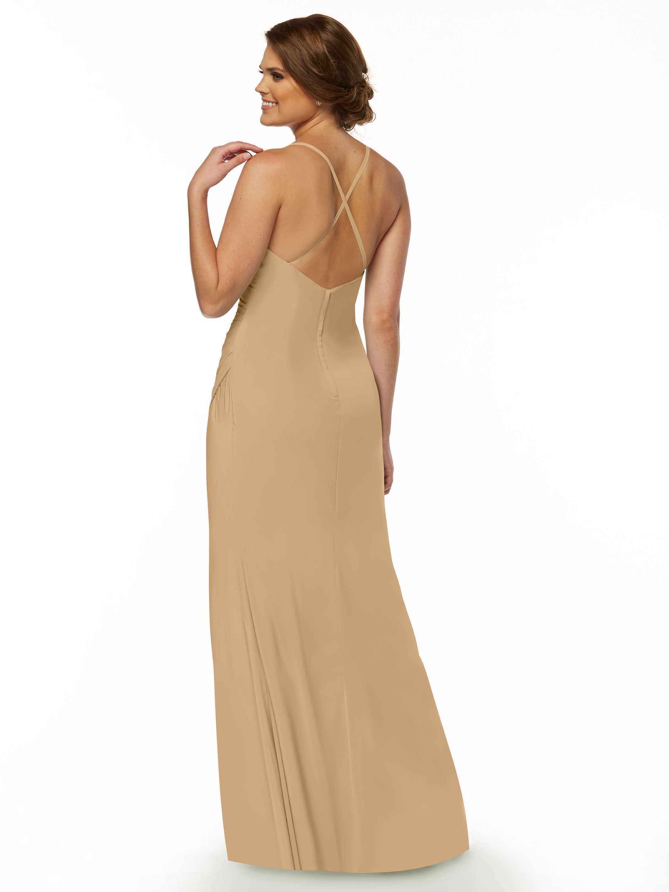 Elegant 80114 Stretch Chiffon Sheath Bridesmaid Dress with Ruching and High Slit - Perfect for Weddings, Formal Events & Evening Parties