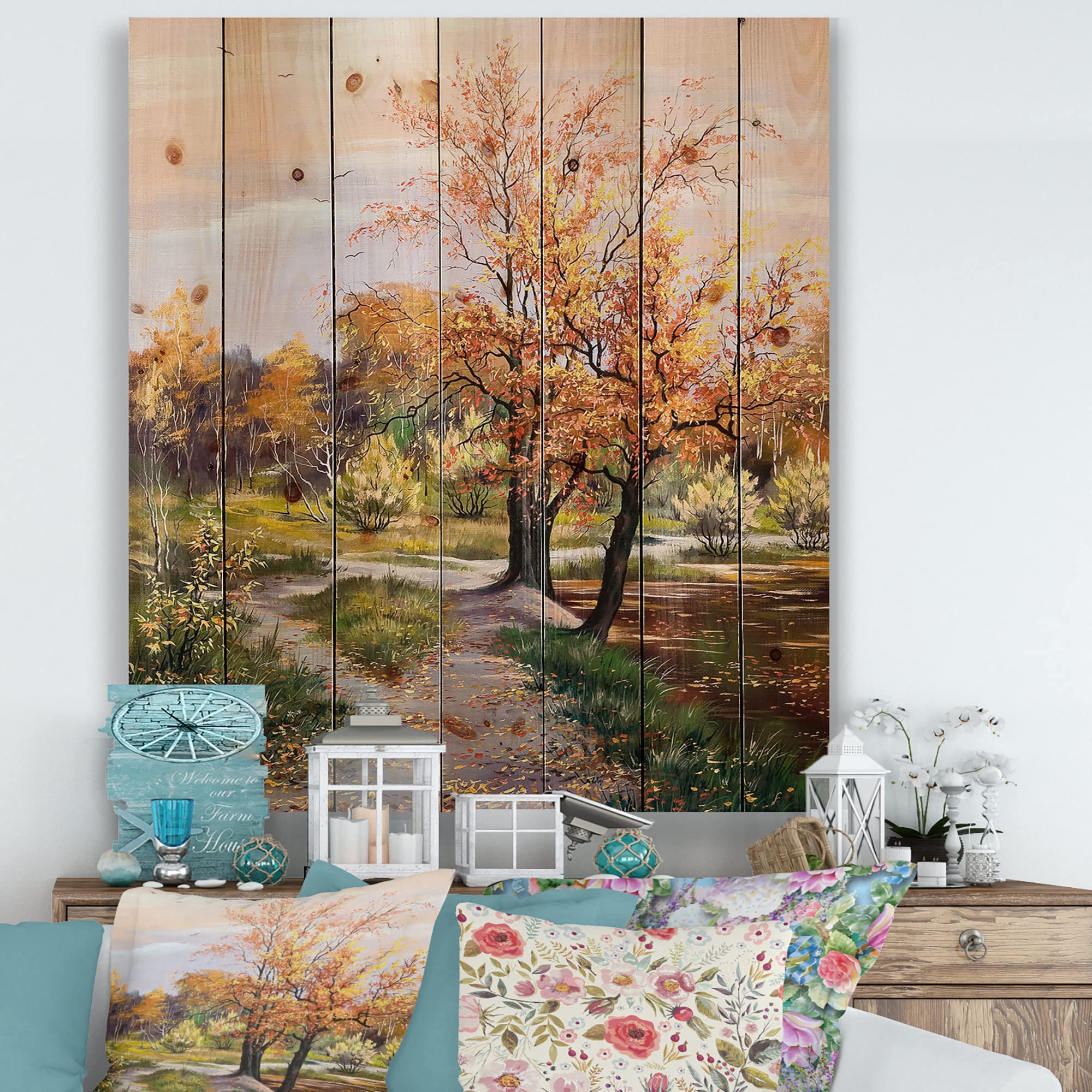 DesignQ Orange Woods River Country Wood Wall Decor - Large Yellow Landscape Wood Wall Art Panel Printed on Natural Pine - Perfect for Living Room, Bedroom & Office Decor