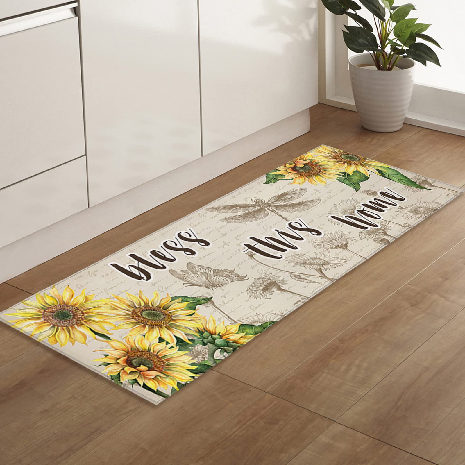 Non-Slip Indoor Doormat 23.6x70.9 Inch - Vintage Sunflower Butterfly Dragonfly Design, Soft Absorbent Entryway Mat for Front/Back Door - Perfect for Home, Apartment & Office Decor (Bless This Home Theme) - Great for Welcoming Guests & Keeping Floors Clean
