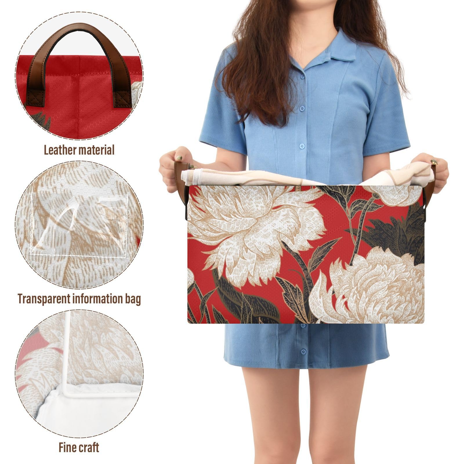 White Peony Red Fabric Storage Bins with Handles - 2 Pack Rectangle Woven Storage Baskets for Closet, Shelf & Home Organization | Perfect for Toys, Blankets & Laundry
