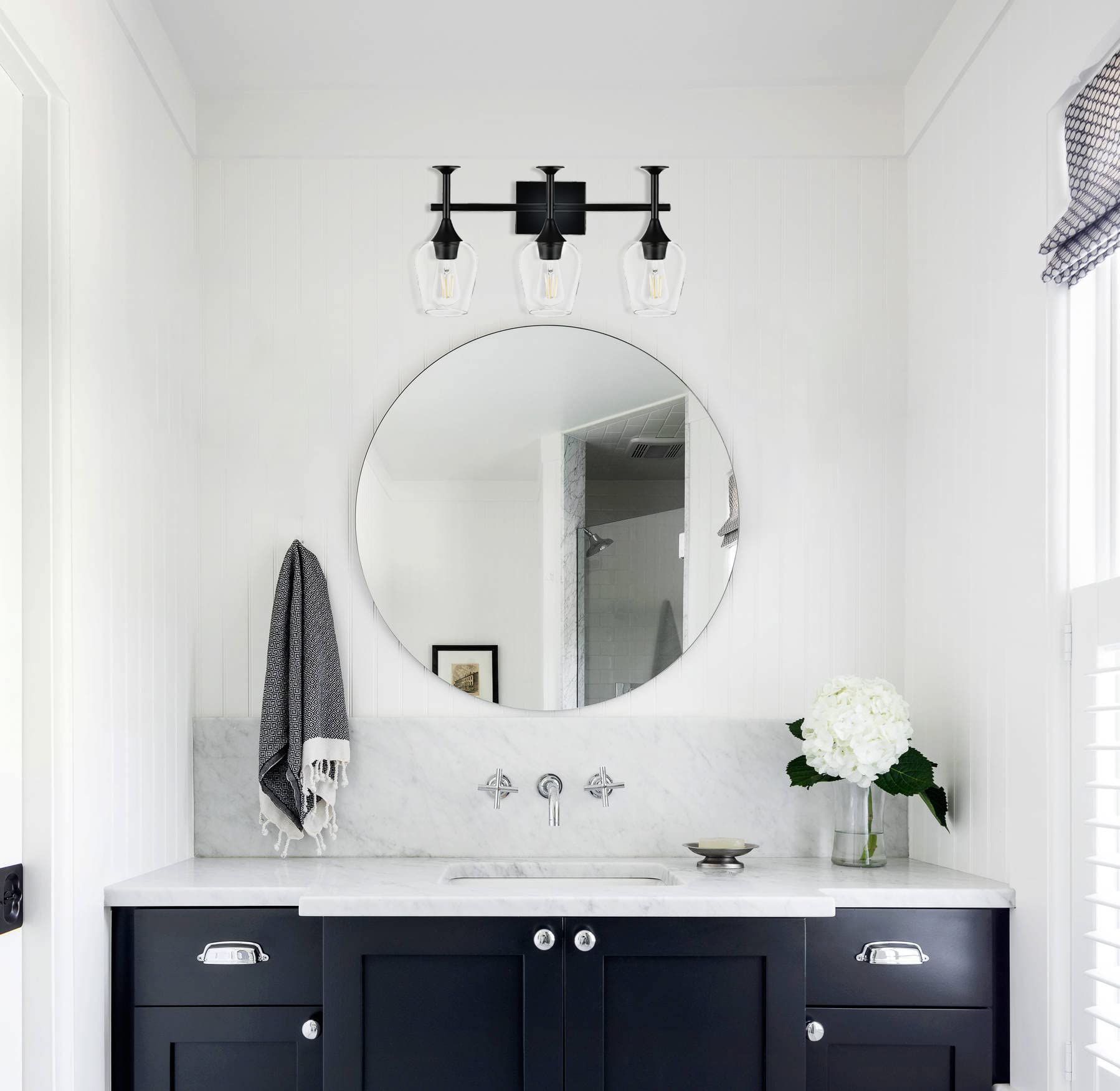 Modern Black Bathroom Wall Light Fixtures for Vanity Mirror - 3 Light Wall Sconce with Clear Glass Shade - Perfect for Bathroom, Powder Room & Dressing Room Lighting