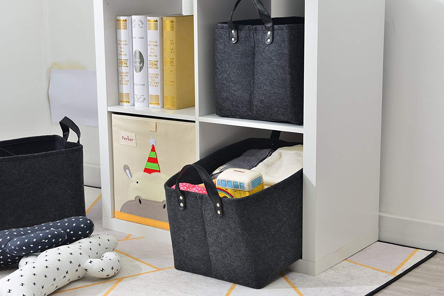 GUOZI Collapsible Storage Basket - Large Rectangular Felt Bin with PU Handles for Laundry, Toys & Organizing | Perfect for Nursery, Wardrobe, Bookshelf & Bedroom Storage Solutions | Space-Saving Home & Office Organization