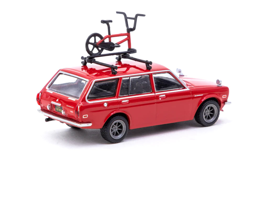 Tarmac Works 1:64 Scale Nissan Datsun Bluebird 510 Wagon Diecast Model Car - Red with Bicycle & Roof Rack - Perfect for Collectors, Display, and Toy Car Racing Scenes
