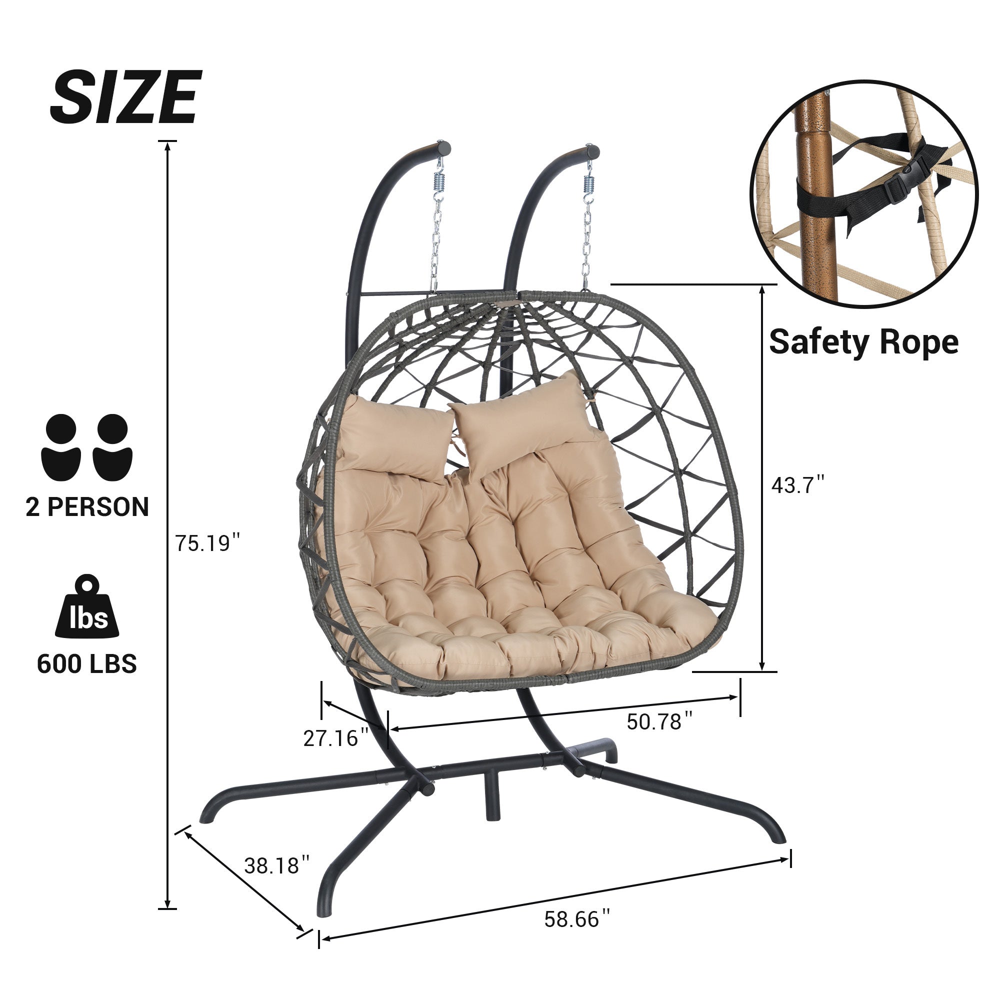 Double Egg Chair with Stand - Hanging Indoor/Outdoor Wicker Rattan Swing Chair with UV-Resistant Cushions (600 lb Capacity) - Perfect for Bedroom, Balcony, Patio & Garden Relaxation