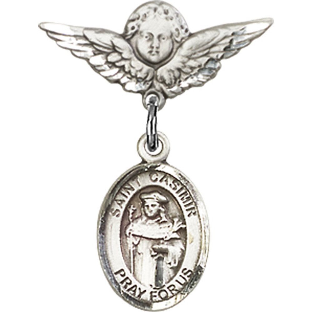 St. Casimir of Poland Sterling Silver Baby Badge with Angel Wings Charm - 7/8 X 3/4 Inch Religious Jewelry for Christening, Baptism & First Communion Gifts