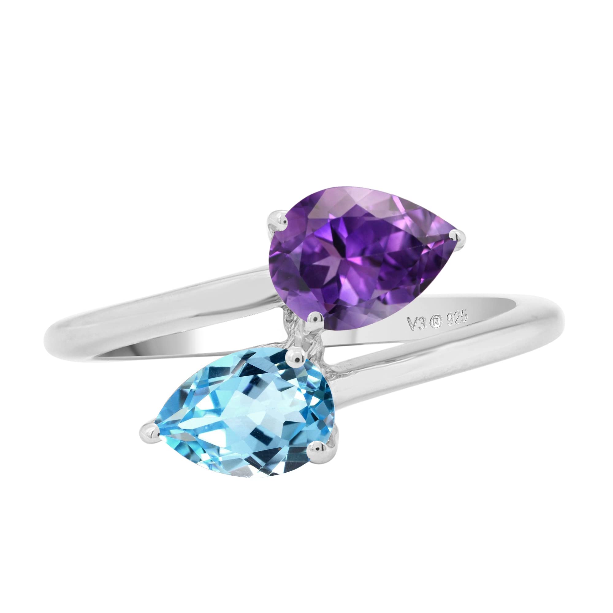 Natural Amethyst & Sky Blue Topaz Sterling Silver Bypass Ring for Women | Elegant Jewelry Gift for Birthday, Anniversary & Special Occasions