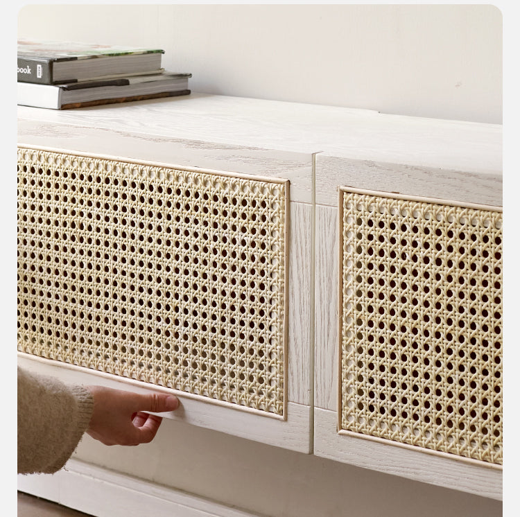 Solid Oak Wood Rattan TV Stand with LED Lights - Modern Cream Style Entertainment Center for Living Room, Bedroom & Home Theater