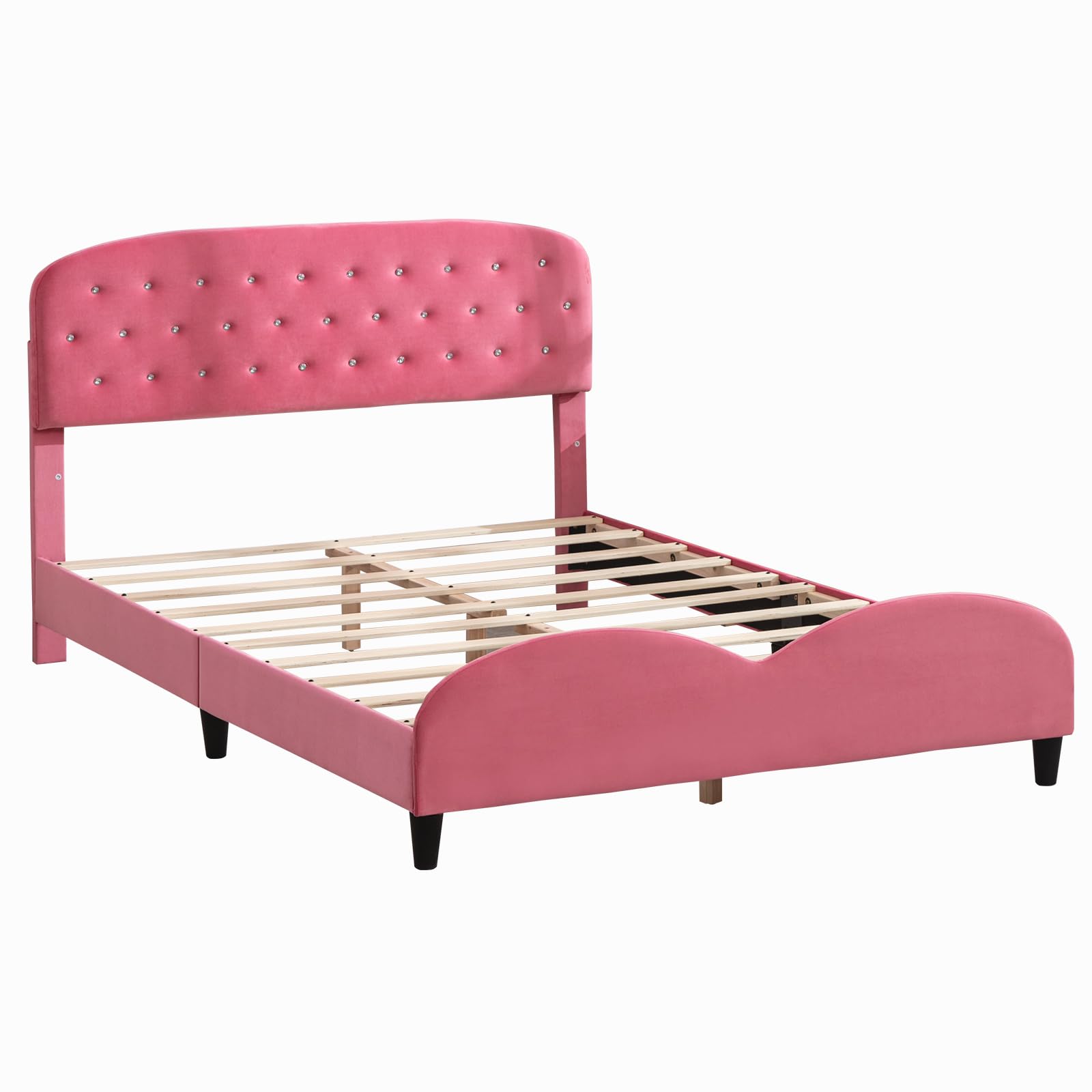ZAFLY Full Size Bed Frame for Kids - Pink Princess Bed with Cushioned Headboard & Wooden Slats, Sturdy Girls Bed Frame for Deep Sleep | Perfect for Bedrooms, Playrooms & Sleepovers (Diamond Design)