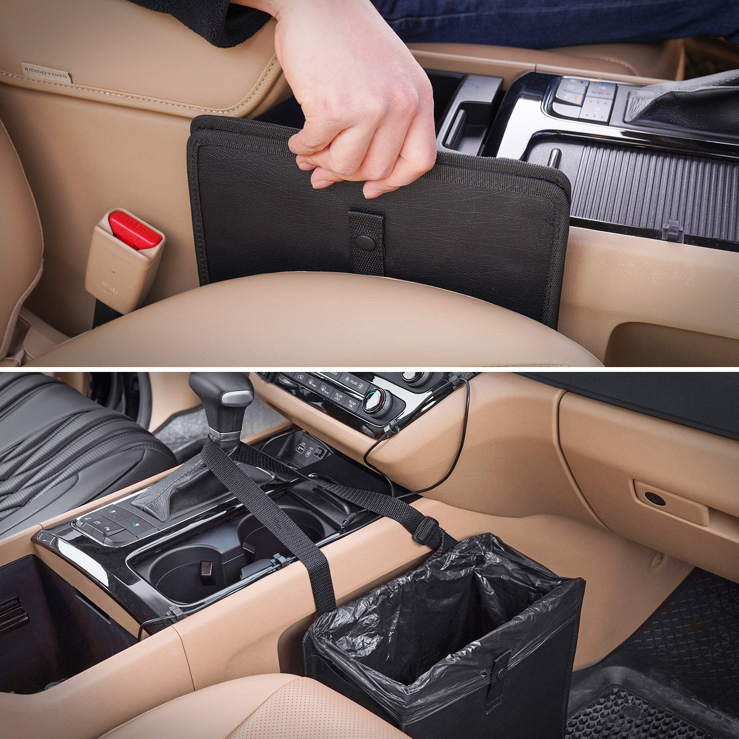 Foldable Hanging Bling Trash Can for Car - Vegan Leather & Oxford Fabric Collapsible Car Garbage Bin - Diamond Pattern Auto Organizer - Perfect for Road Trips, Travel & Daily Commute (Large Size)