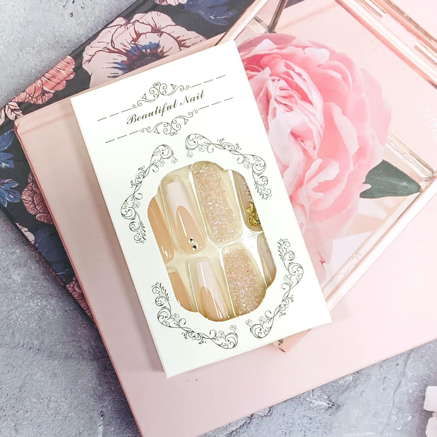 Long Coffin Press On Nails - Glossy Full Cover Acrylic French Tip False Nails with Diamond Designs & Charms - Square Fake Stick On Nails for Women & Girls - Perfect for Parties, Weddings & Special Occasions
