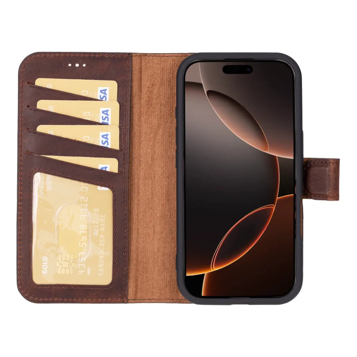 Vintage Distressed Brown Leather iPhone 17 Pro Wallet Case - Slim Protective Cover with Card Slots for Credit Cards & ID - Perfect for Travel, Business & Everyday Use