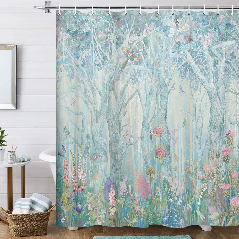 Enchanted Forest Shower Curtain - Vibrant Fairytale Woodland Jungle Design with Trees, Birds & Flowers | 69x75 Inch Waterproof Fabric Bathroom Decor for Christmas & Everyday Use | Includes Hooks for Easy Installation
