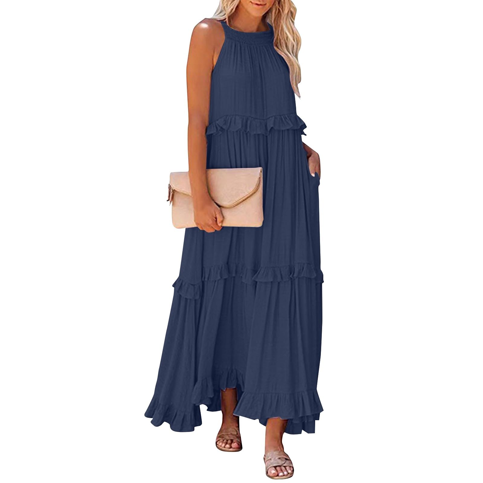 Women's Summer Casual Sleeveless Halter Neck Tiered Beach Dress - Flowy Swing Maxi Dress with Pockets for Beach Vacation, Pool Party & Outdoor Date