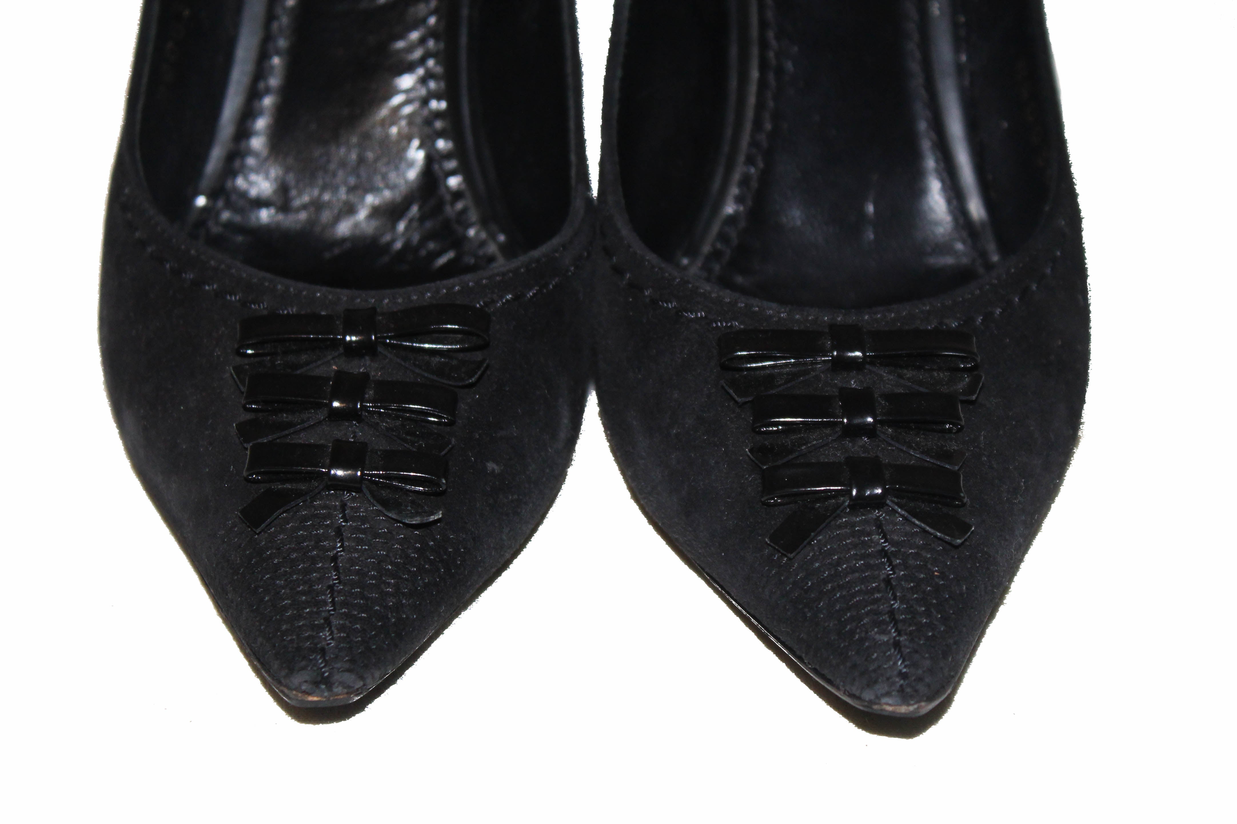Authentic Louis Vuitton Black Suede Leather Bow Pointed Toe Pumps Women's Shoes Size 37.5 (US 7.5) - Elegant High Heels for Party, Wedding & Formal Occasions