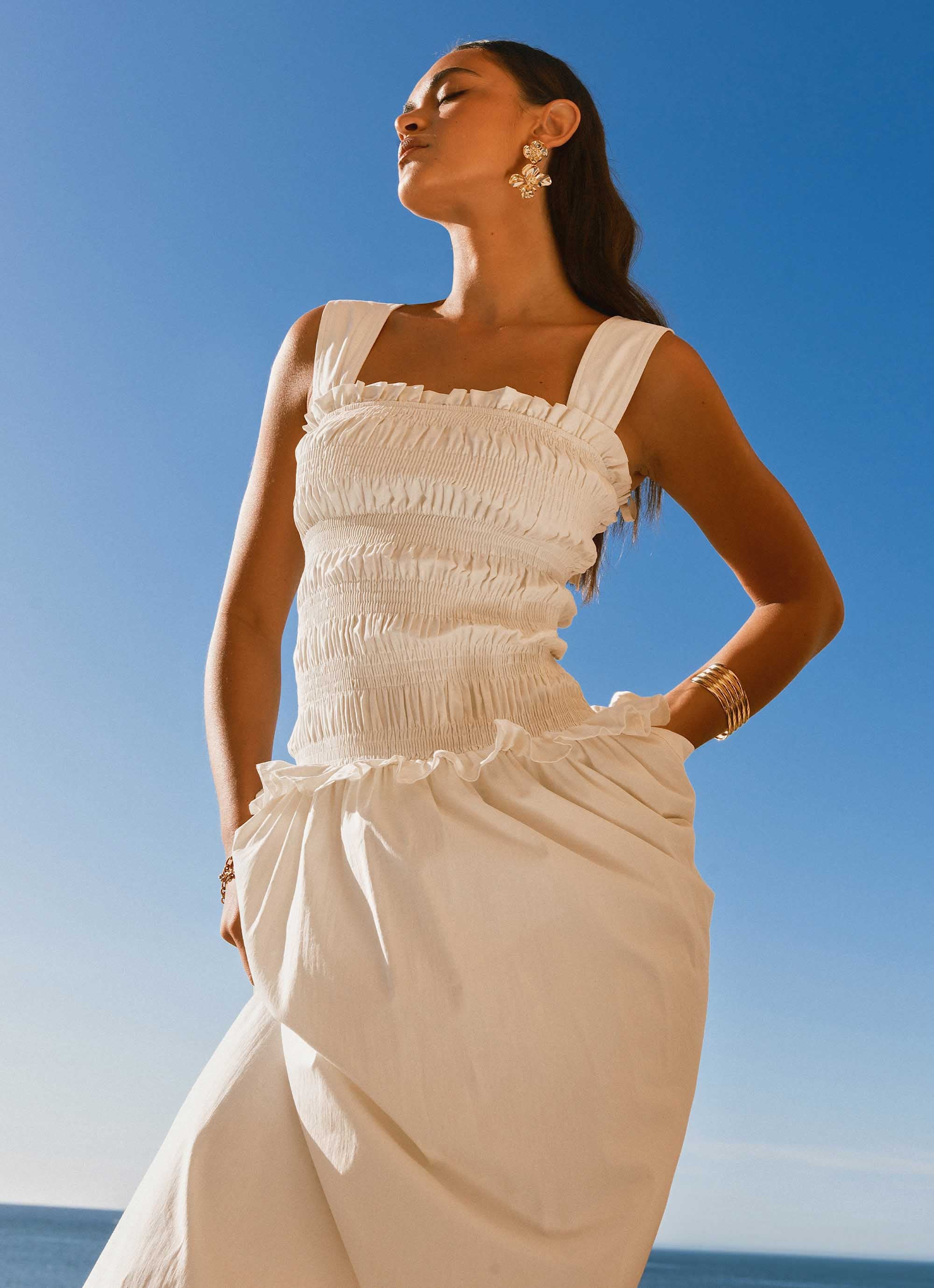 Deana Shirred Maxi Dress for Women - Flowy Long Summer Dress with Elastic Waist, White - Perfect for Beach Vacations, Weddings & Casual Outings