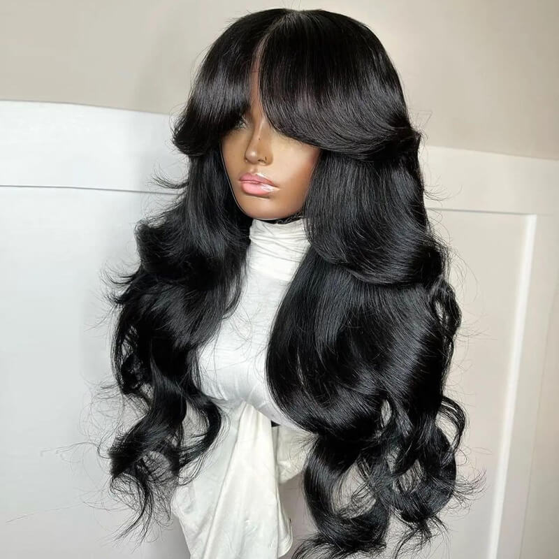 Eullair Pre-Cut Lace Human Hair Wig - TikTok Viral Layered Cut with Wavy Body Wave & Butterfly Curtain Bangs | Perfect for Cosplay, Daily Wear & Special Occasions