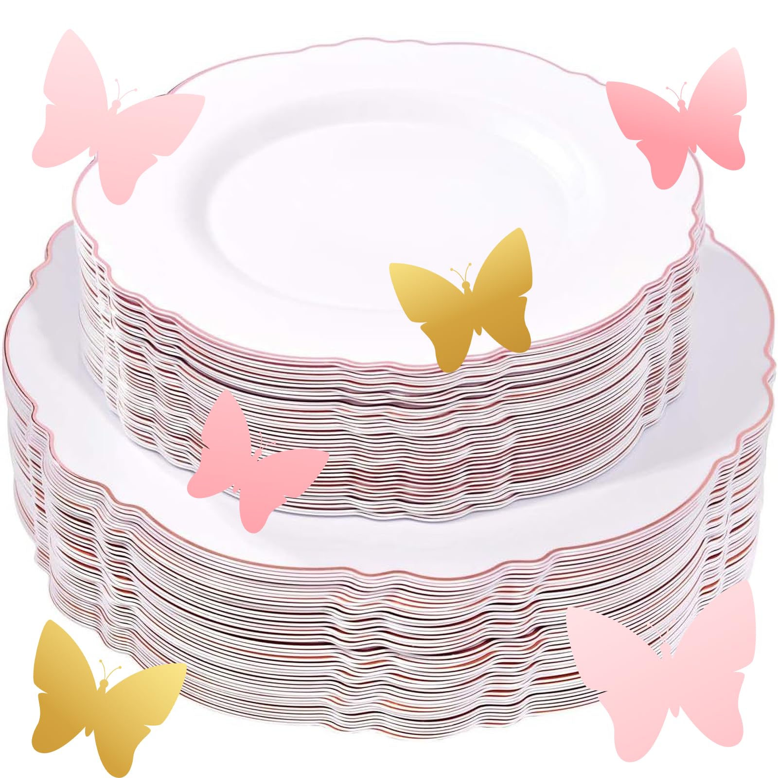 100-Pack Rose Gold Plastic Plates - Elegant Baroque White & Rose Gold Disposable Dinnerware Set (50x 10.25