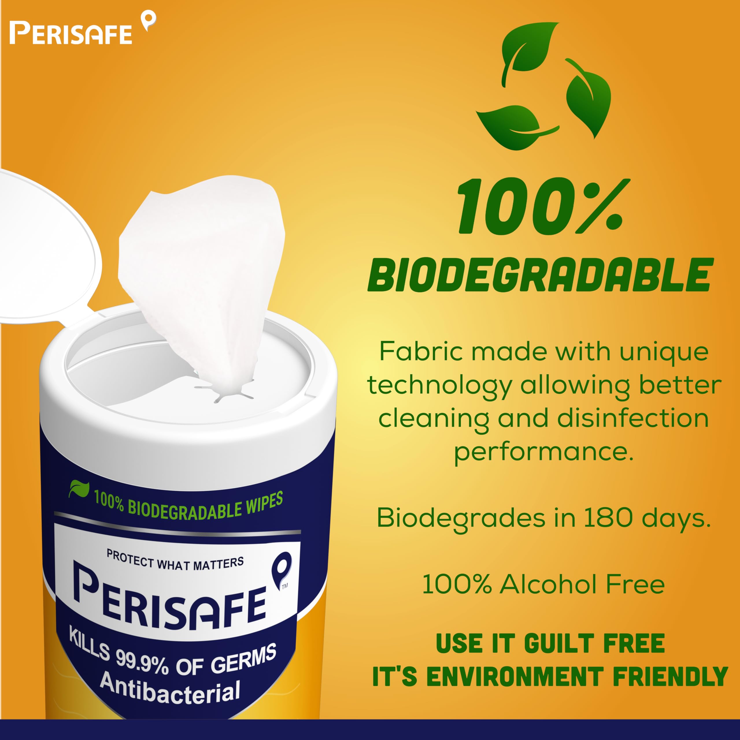 PERISAFE Multipurpose Disinfectant Wipes - 100 Count | Antibacterial & Cleaning Wipes for Surfaces & Skin | Kills 99.9% Germs | 100% Biodegradable | 2-in-1 Cleaning Solution for Home, Office, Gym & Travel Use