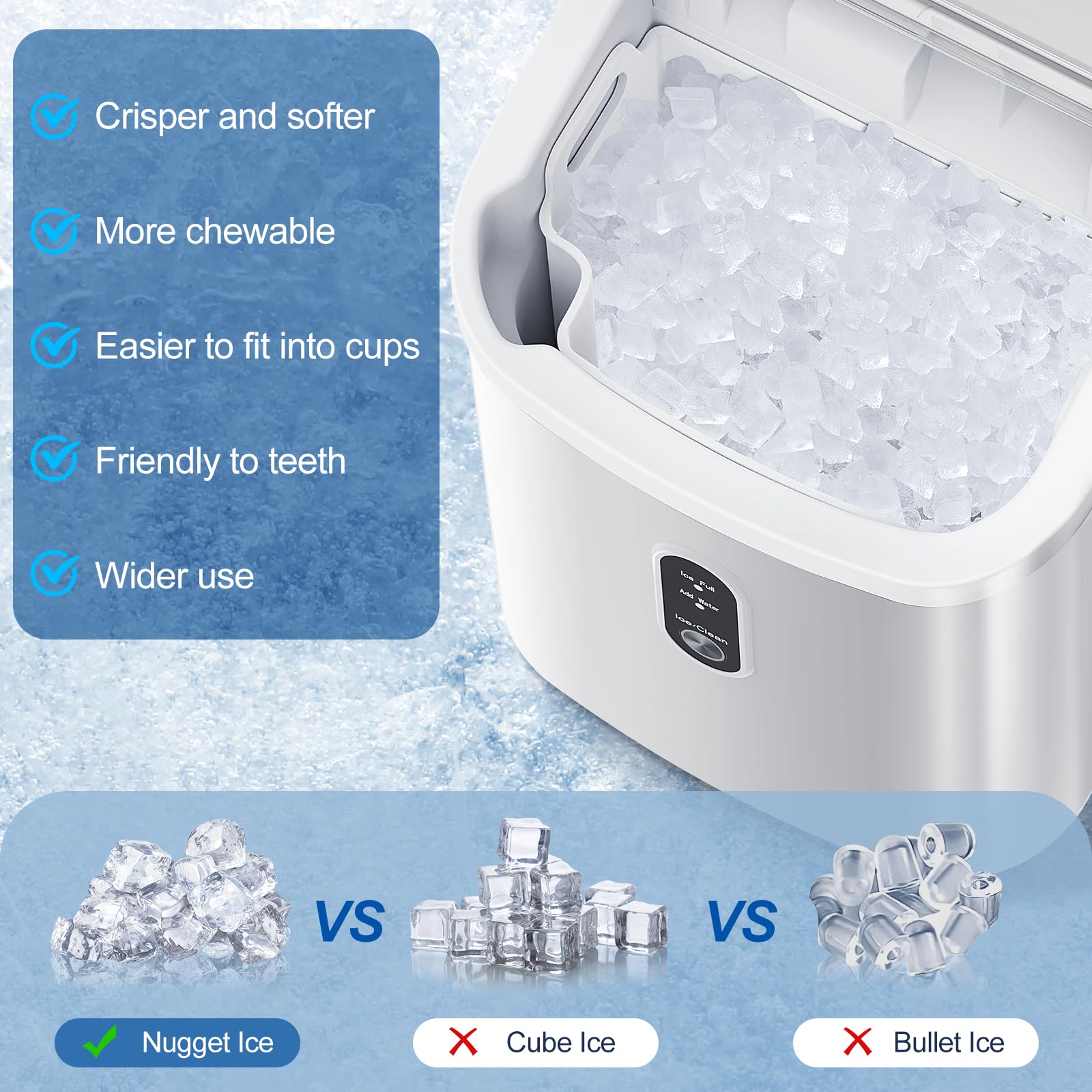 ZAFRO Portable Countertop Ice Maker with Handle - 35.5Lbs/24H Fast Ice Production, Self-Cleaning Nugget Ice Machine with Ice Basket & Scoop - Perfect for Home, Office, Parties & Outdoor Use - White