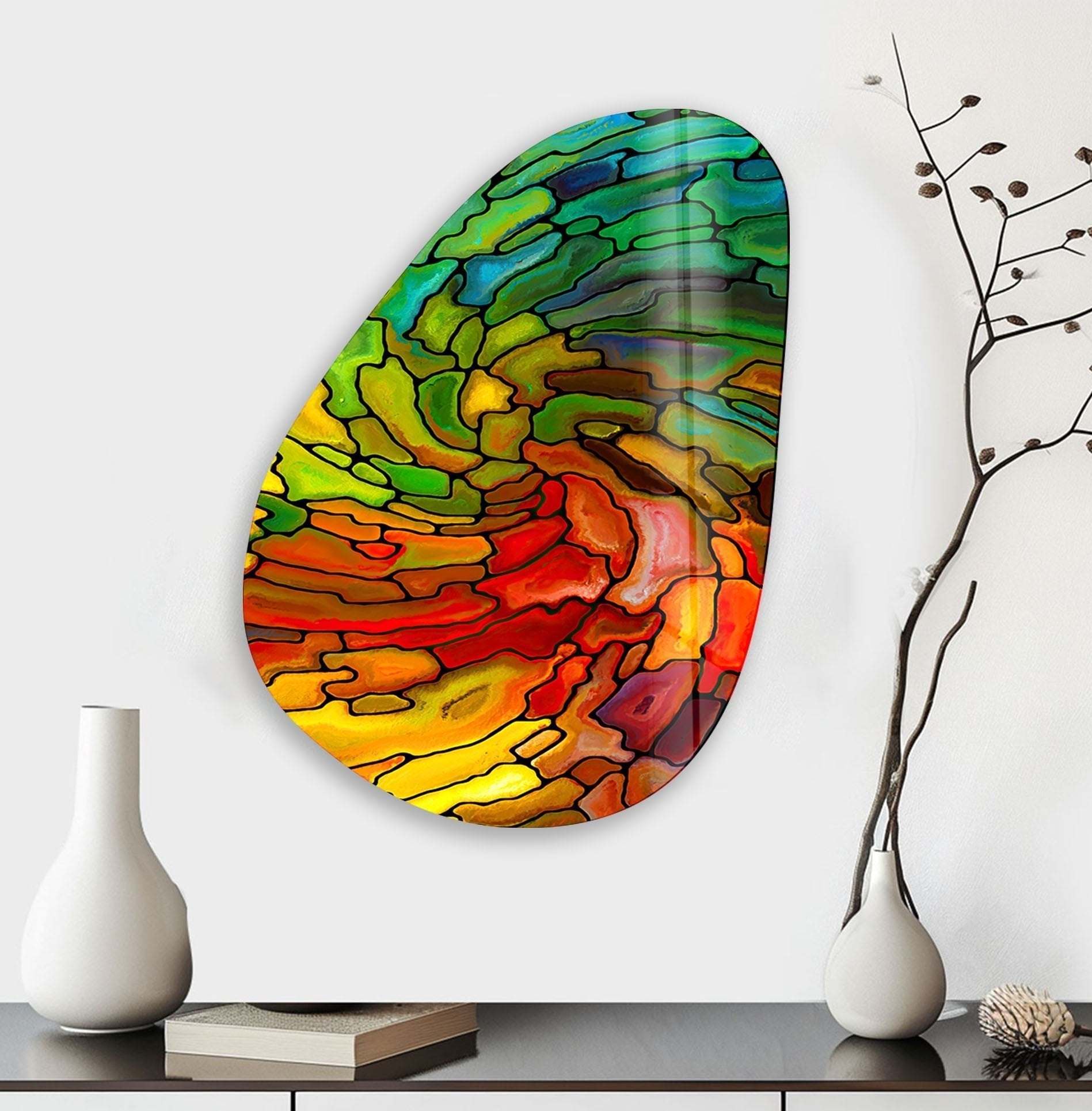 Handmade Asymmetrical Oval Stained Glass Wall Art - Vibrant Colorful Mosaic Decor for Living Room, Bedroom & Office